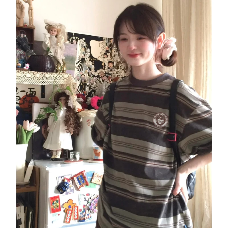 labzaa美式条纹设计感纯棉短袖t恤男女夏季ins圆领宽松情侣款上衣