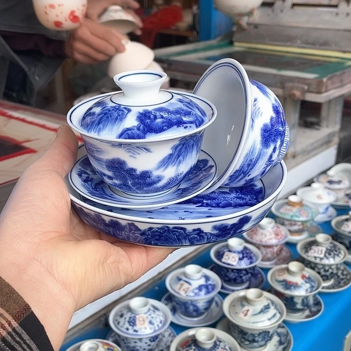 青花釉下彩盖碗杯子壶承