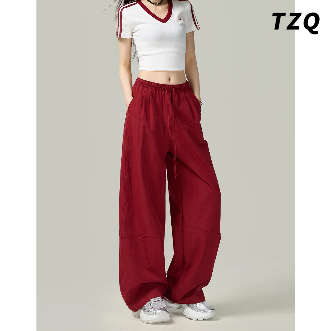 高级感美式速干高腰宽松休闲裤女2025夏季红色阔腿裤子TZQ2541425