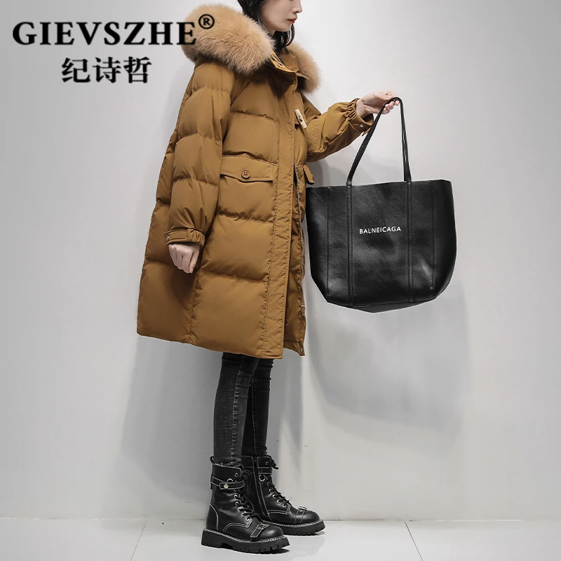 纪诗哲大毛领羽绒服女2025冬季时尚中长款90白鸭绒舒适狐狸毛外套
