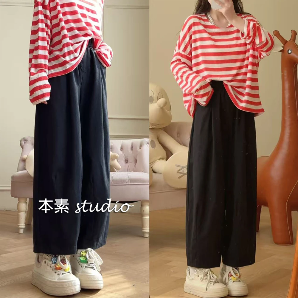 花苞腰-黑Y1122-2纯色松紧腰宽松老爹裤