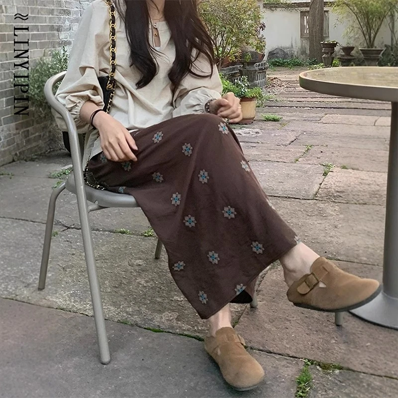 咖色中式花朵印花A字半身裙女夏薄款梨形身材小个子显瘦a字中长裙