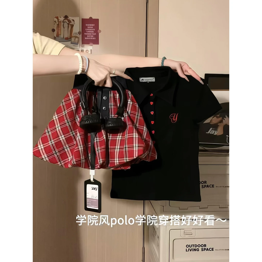 夏日绝美俏皮小套装女正肩撞色刺绣短袖T恤格纹蓬蓬花苞裙两件套