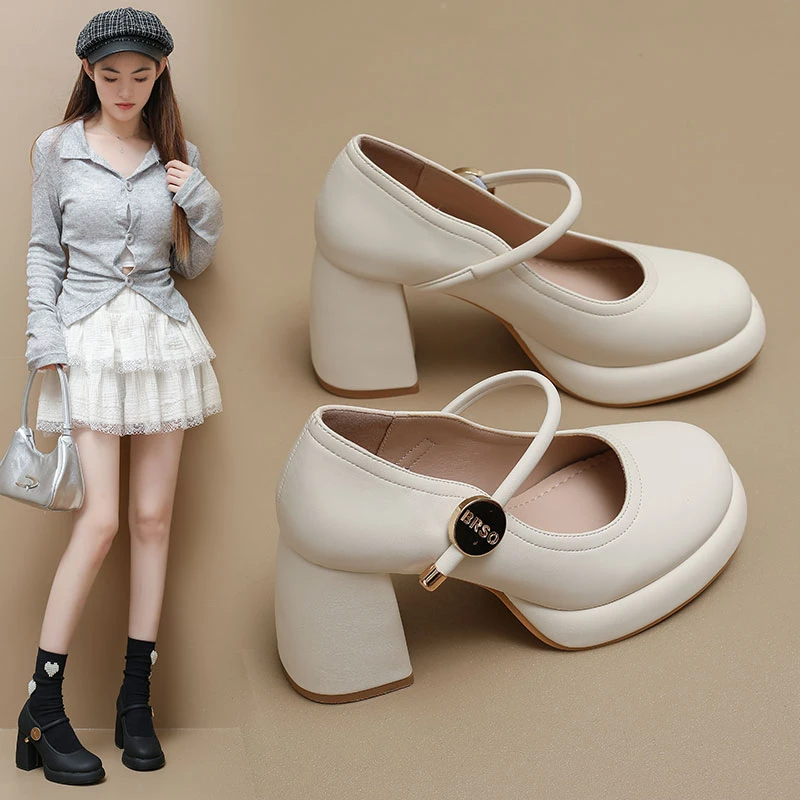 新款玛丽珍单鞋2025春秋气质时尚百搭软皮复古高跟粗跟厚底单鞋潮