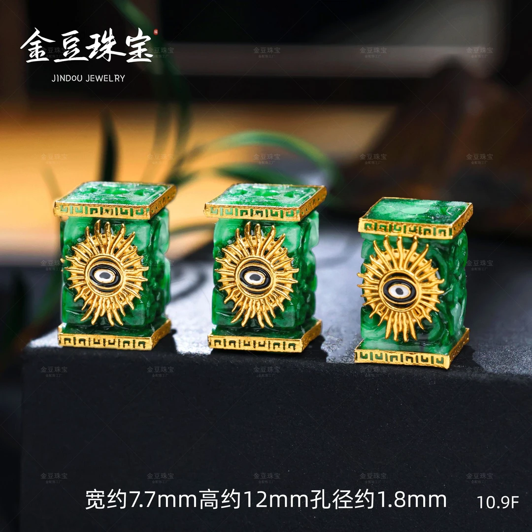 【金豆】18K金天使之眼翡翠干青桶珠天然缅甸翡翠方柱隔珠路路通F