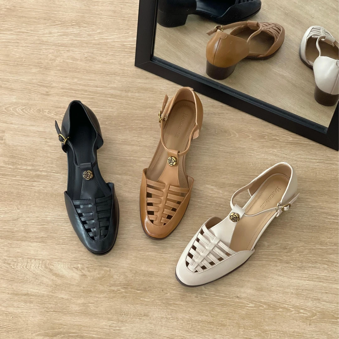 HUSSLOVE 头层牛皮·跟高3.5CM·百搭真皮复古编织中空包头凉鞋女