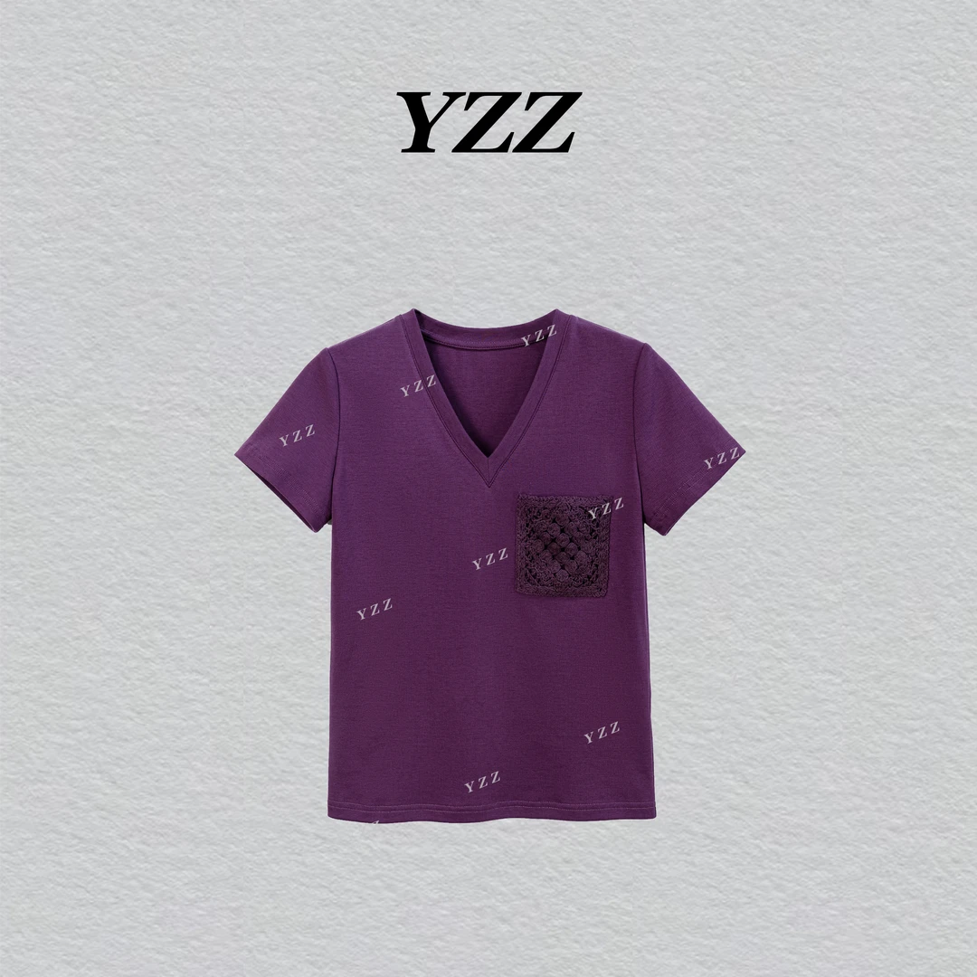 YZZ“口袋T” 100棉设计感气质百搭V领时尚短袖T恤 811085