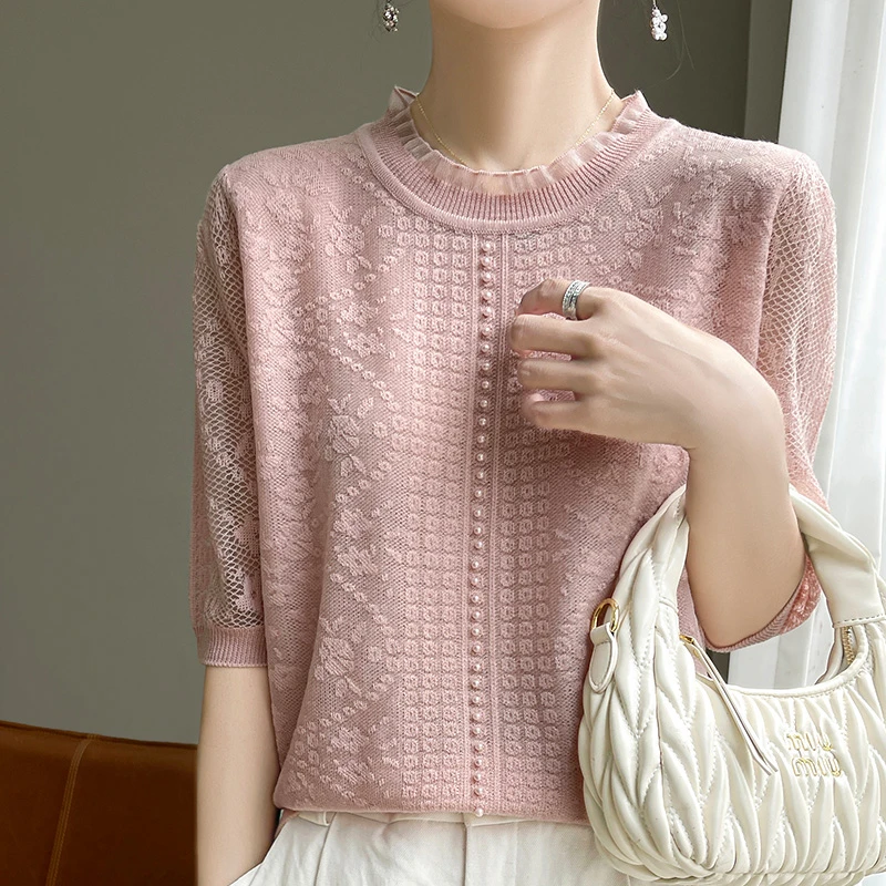 品牌优雅蕾丝拼接钉珠短袖针织衫显瘦气质百搭上衣