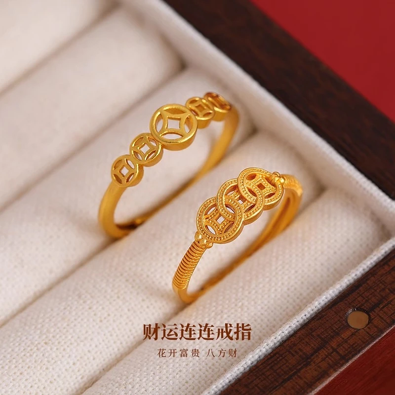 铜合金戒指 复古金色镂空钱币戒指女旺财食指戒2024新款爆款 指环