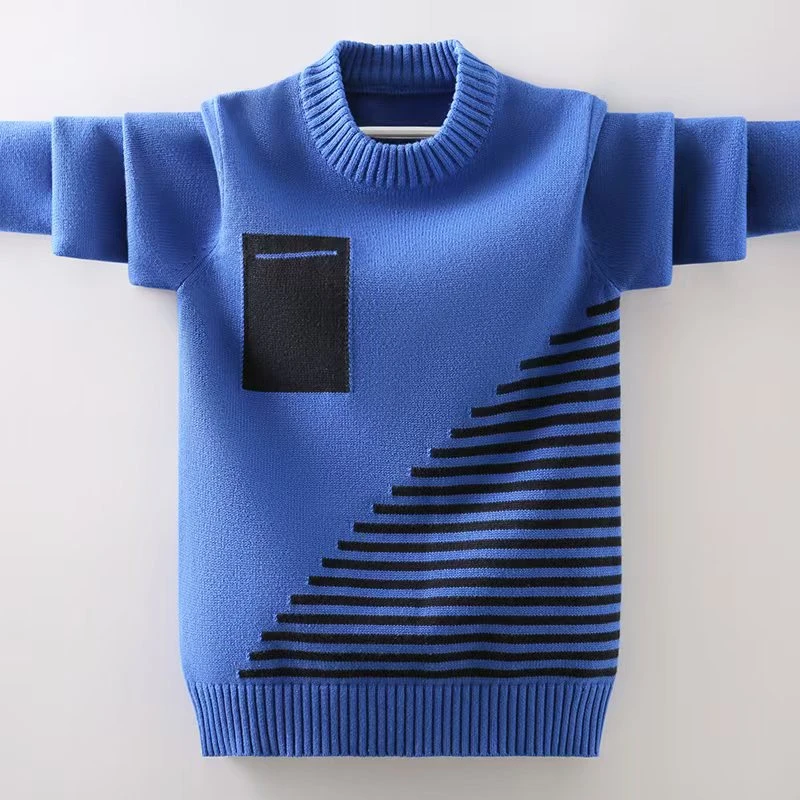 男童中大童厚款圆领男洋气拼色加厚款毛衣秋冬款针织衫韩版