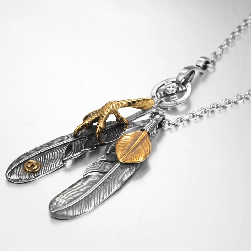 钛钢项链 做旧复古原创嘻哈个性羽毛龙爪双件钛钢项链轻奢素款