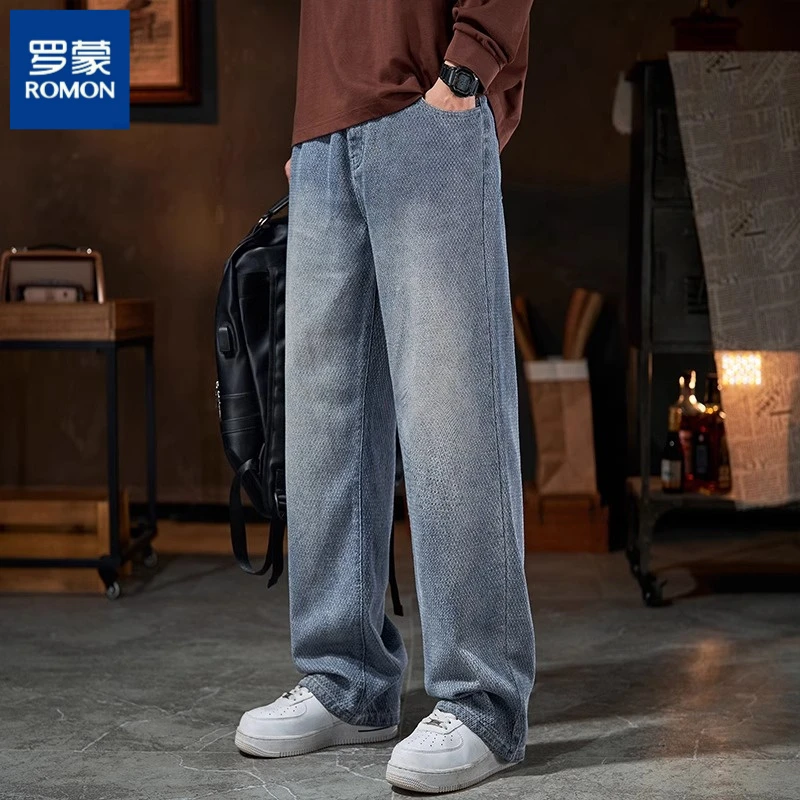 罗蒙龙鳞纹牛仔裤男士春秋季2025新款潮牌美式休闲宽松直筒裤