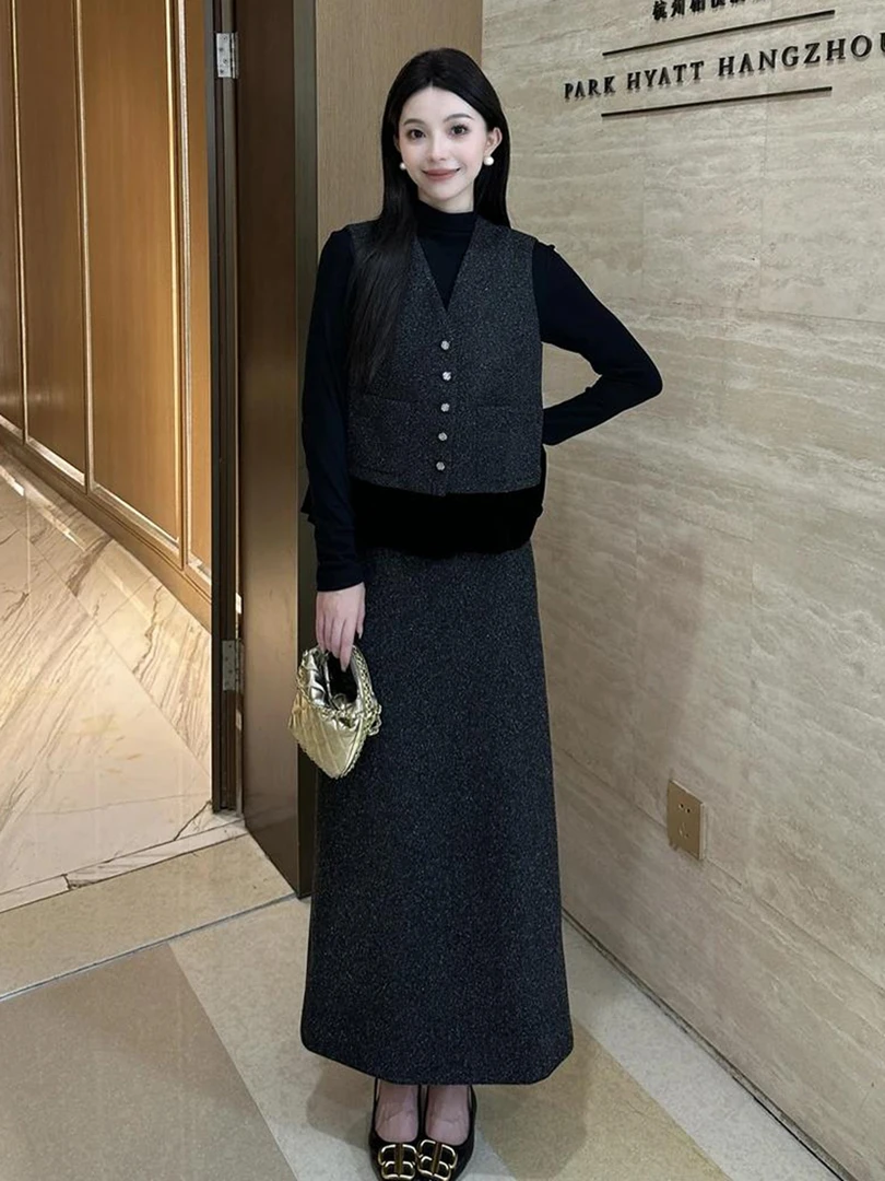 2025秋季超火一整套富家千金重要场合端庄大气灰色马甲三件套装裙