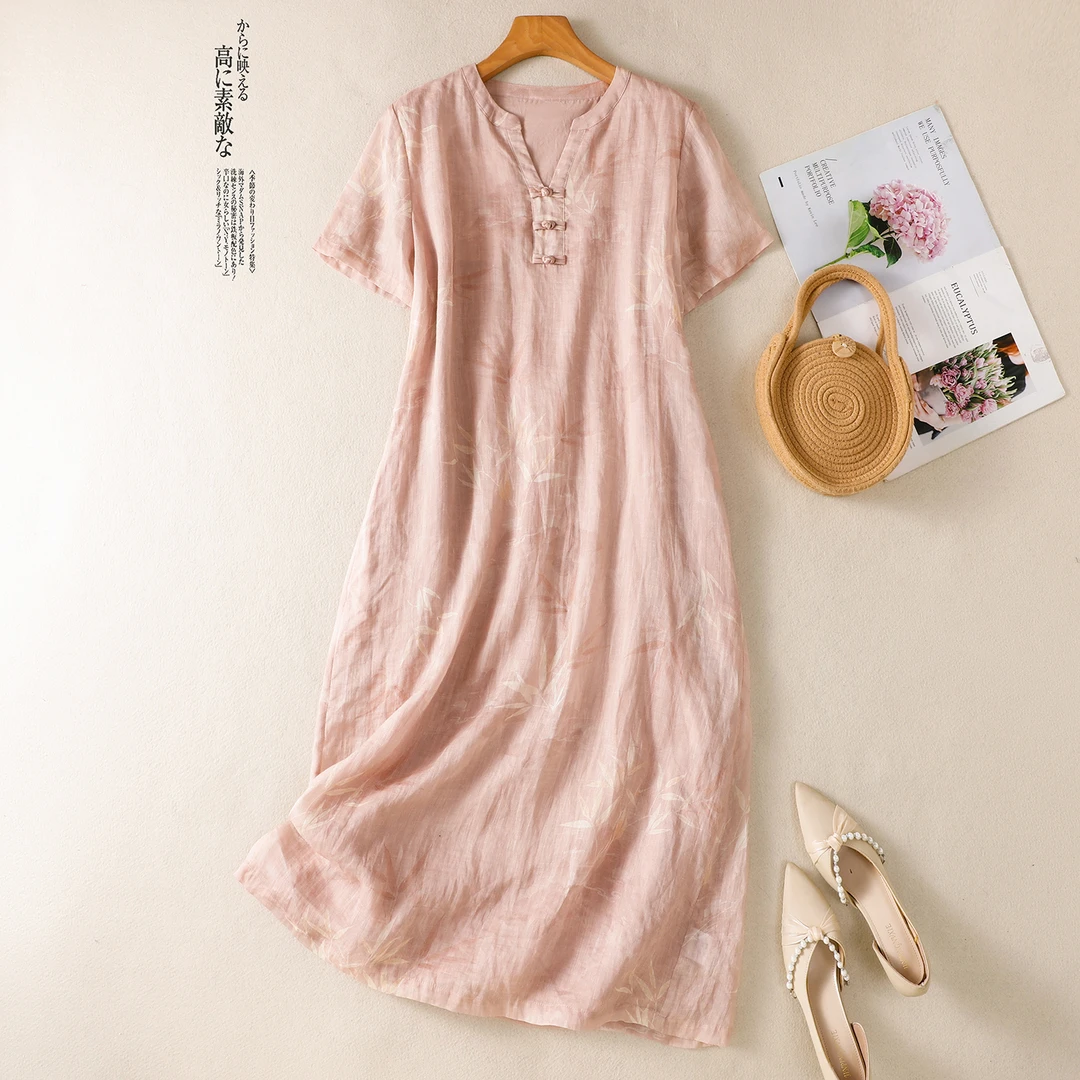新中式盘扣印花改良旗袍女日常通勤百搭年轻款亚麻V领大码连衣裙
