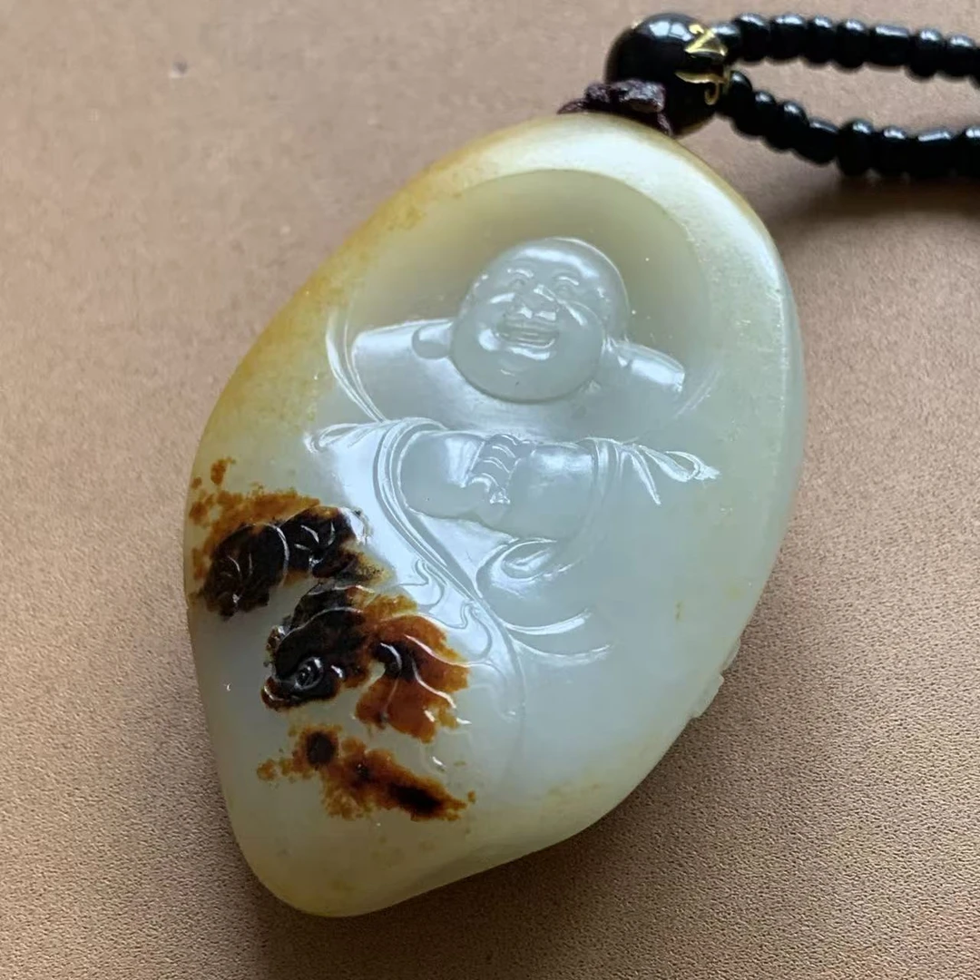 新疆和田玉籽料白玉笑佛女款带证书精雕俏色女士雕刻白色巧雕软玉