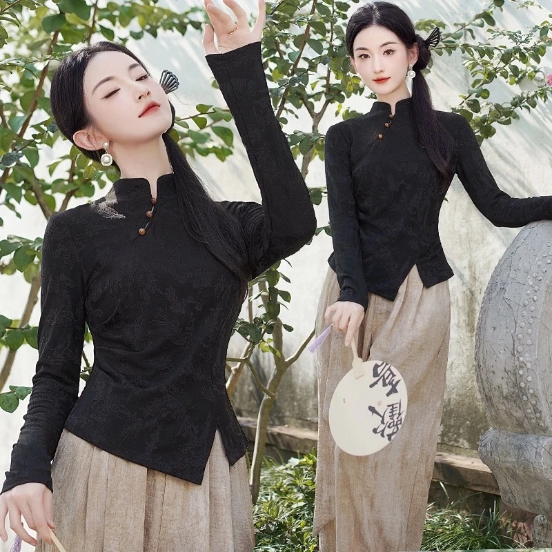 清现货/新中式立领短袖国风上衣+高腰直筒阔腿休闲长裤两件套装