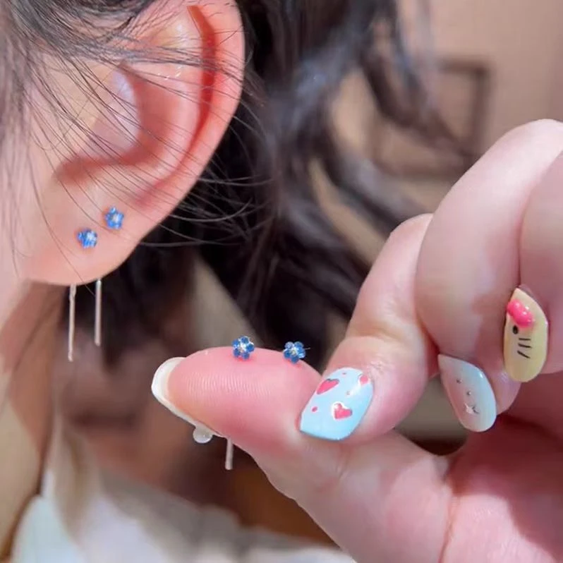 夏日限定~蓝色锆石花朵流苏耳线精致小巧百搭耳钉小众设计感耳饰