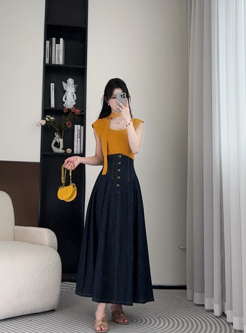 小八定制【港岛日落】2025夏季新高腰休闲上衣+牛仔半裙 00024 LSC