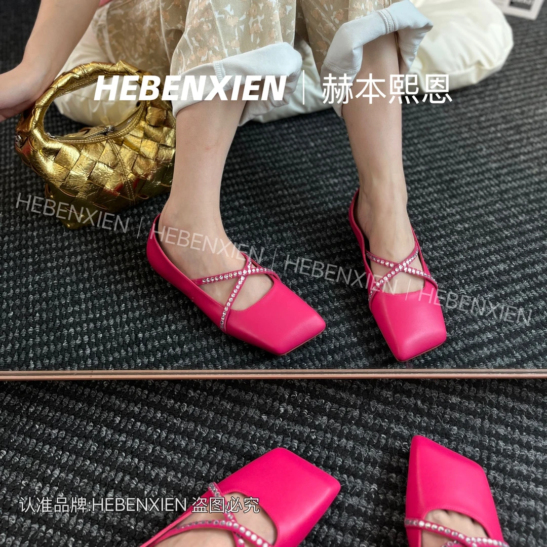 HEBENXIEN设计款玫粉色羊皮水钻不规则芭蕾方头单鞋平底鞋韩版女