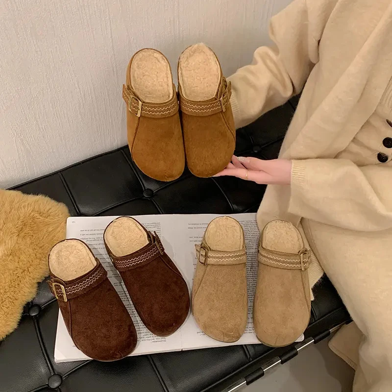 超火厚底内增高加绒勃肯鞋一脚蹬包头半拖鞋女外穿秋冬爆款棉拖鞋