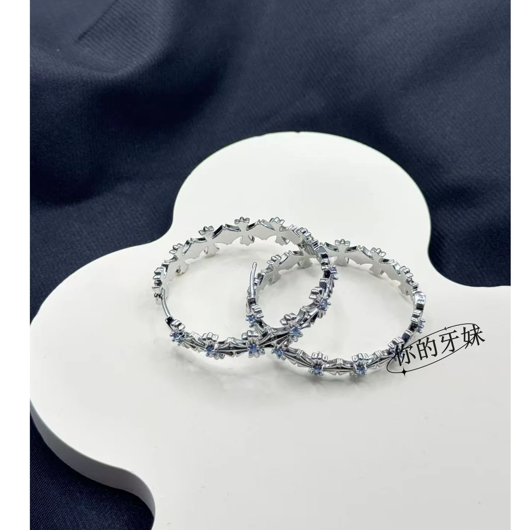 合金耳饰 多十字蓝锆大圈耳钉ED294复古时尚百搭轻奢法式