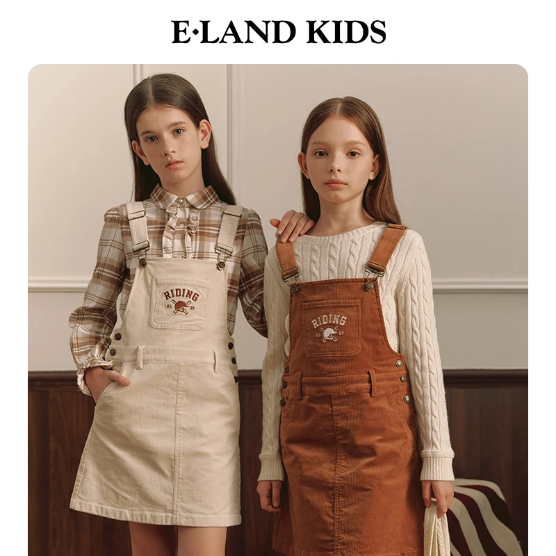 E·LAND KIDS衣恋童装女童背带裙复古休闲字母刺绣EKOWE4T27A