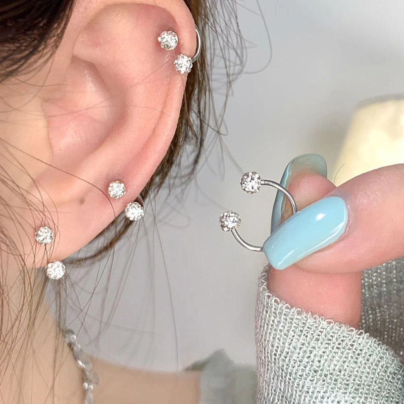 不锈钢耳饰 超闪耳骨钉女轻奢高级感睡觉免摘双头马蹄环钛钢