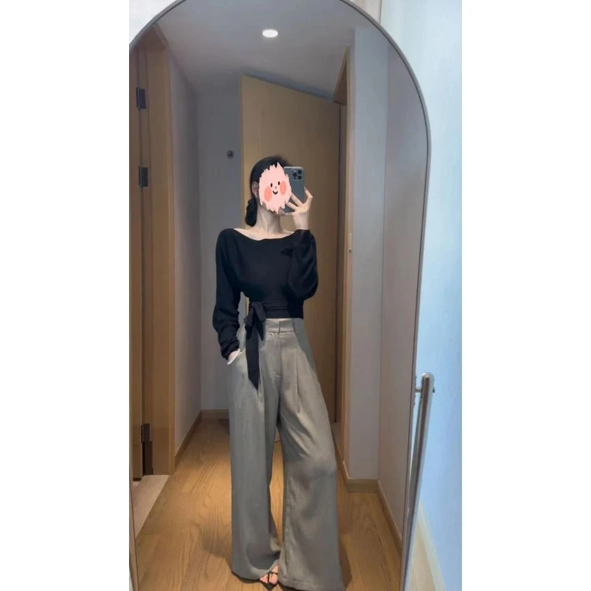 【暮秋】2025年法式气质设计感小众复古宽松休闲一字领坑条绑带上衣