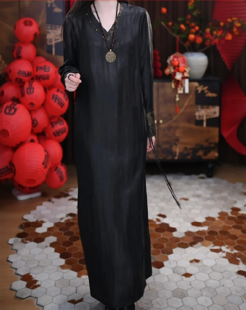 【苏曼】香云纱新中式复古宽松女士国风腔调长款休闲时尚连衣裙