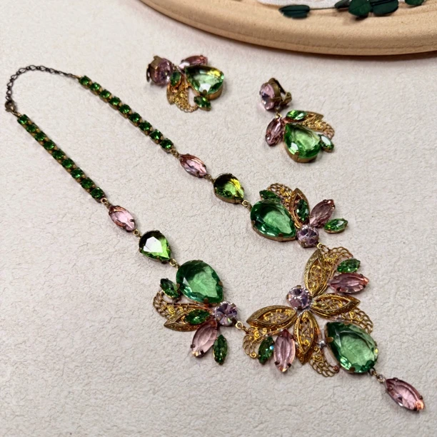 铜合金琉璃项链 【六六中古】孤品粉绿蝴蝶项链套装th6651链长47