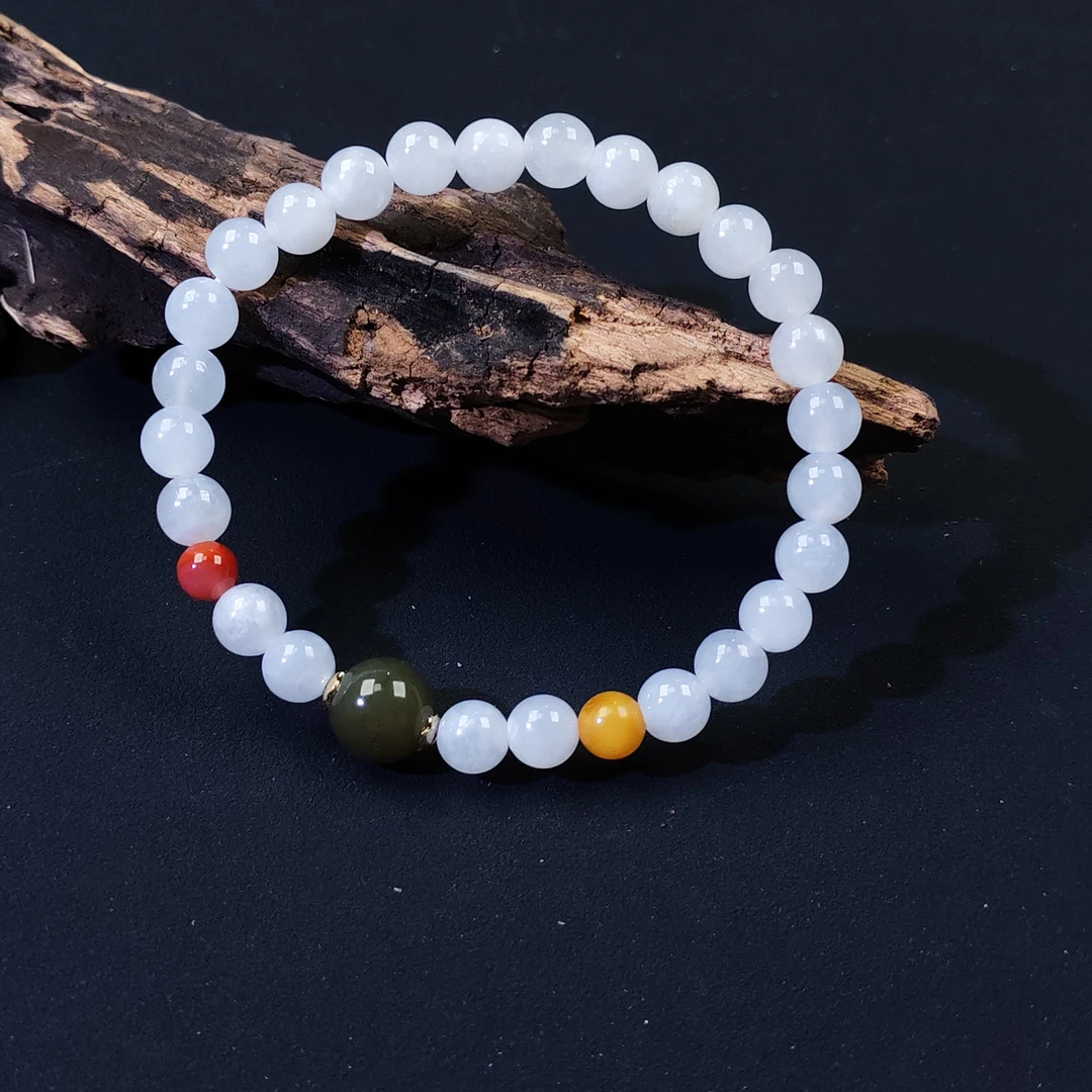 【华之京】和田白玉转运珠手串6mm和田玉圆珠+南红+蜜蜡