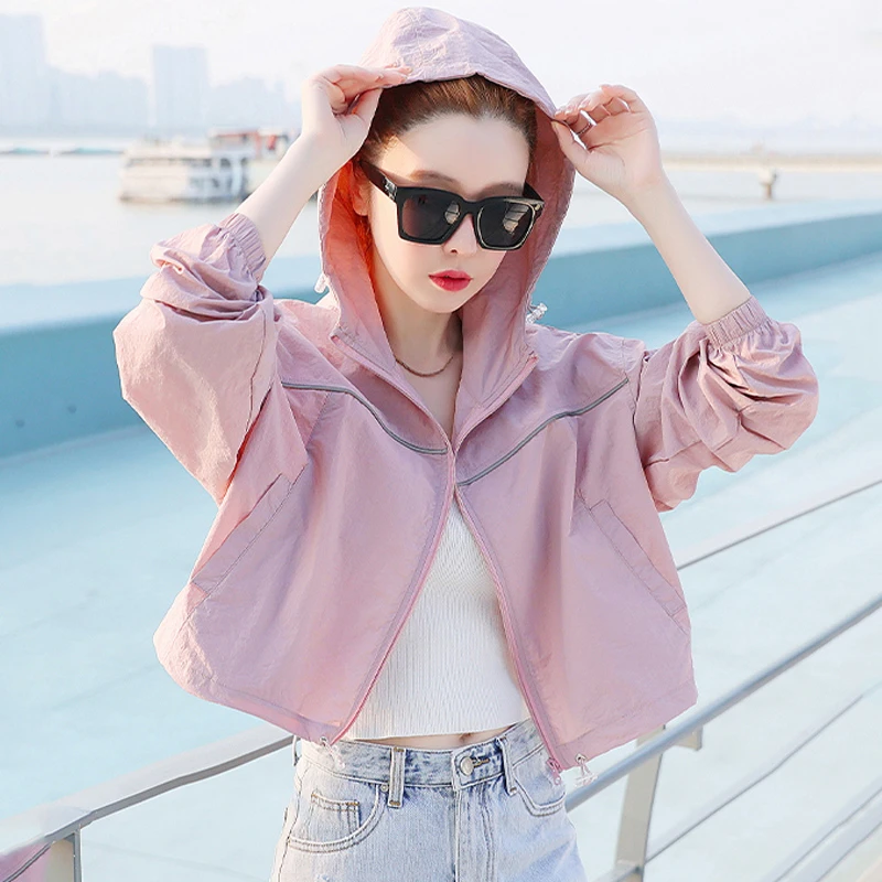 连帽防晒衣女2025短款韩版时尚百搭休闲宽松小个子防晒服外套薄款
