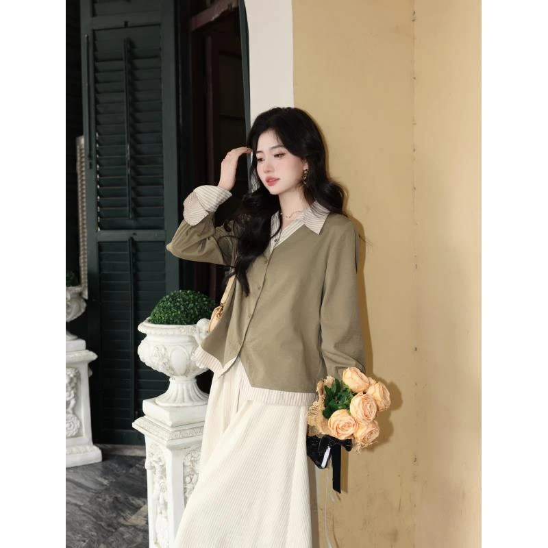 丁佳欣【春霖雨露】港风复古假两件衬衫女宽松显瘦上衣JS1113090