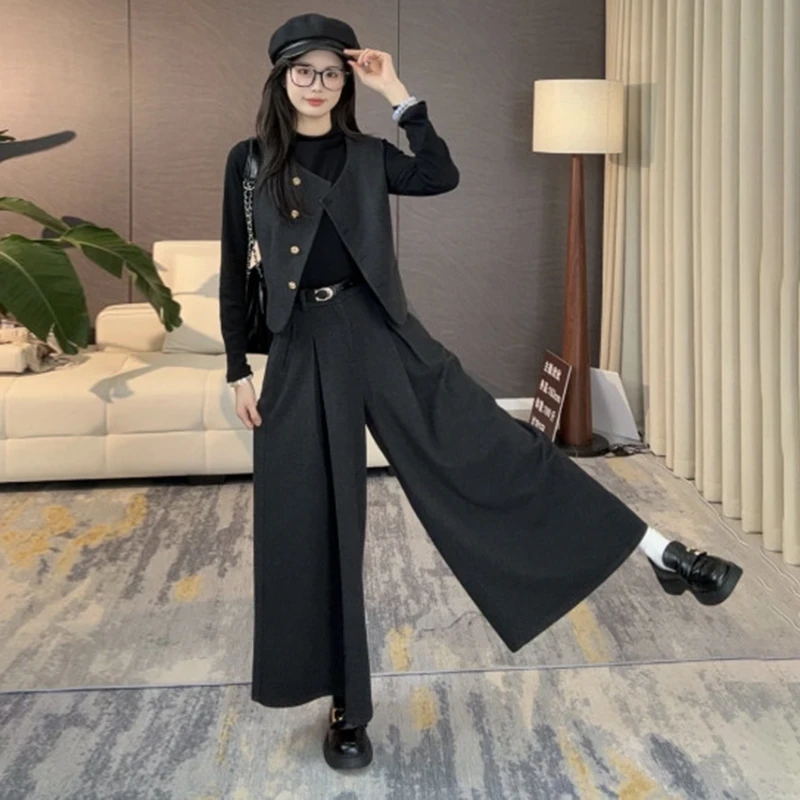 官图 时尚套装2025春秋款时髦洋气半高领打底衫马甲阔腿裤三件套