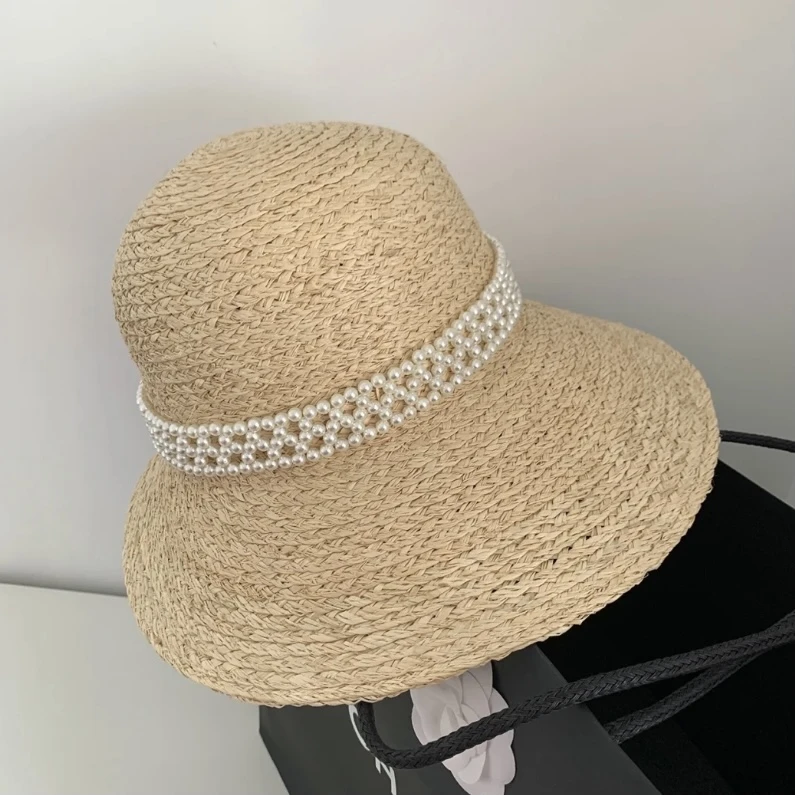 出游度假海边沙滩帽子女夏遮阳帽时尚防晒帽珍珠草帽显脸小百搭