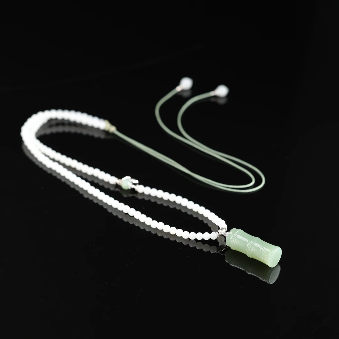 本真 | 婉君 | 严选精品和田玉高色粉青竹节青海白玉4mm项链