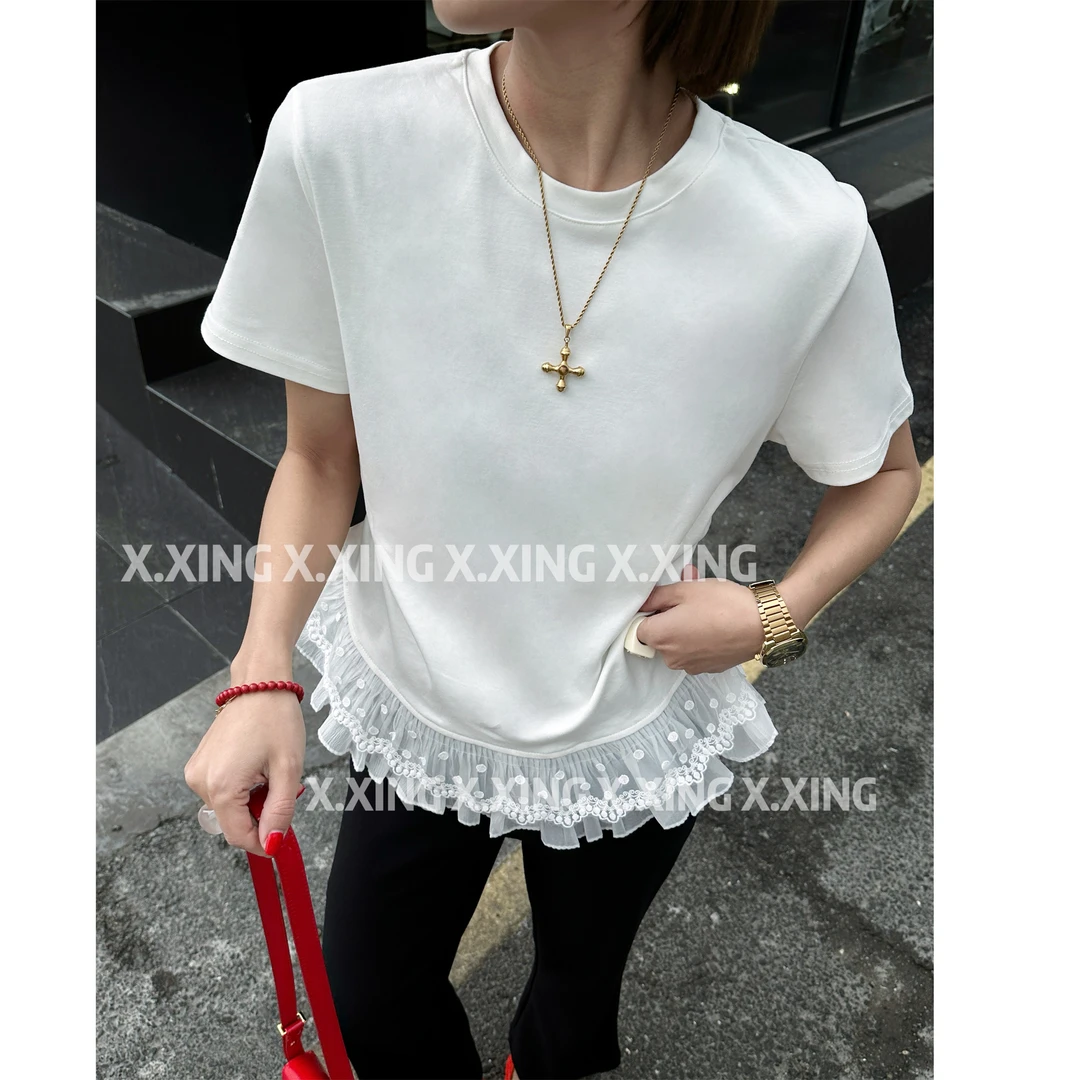 X.x.春夏新款下摆拼接蕾丝花边时尚T恤女减龄百搭短袖C31-1702