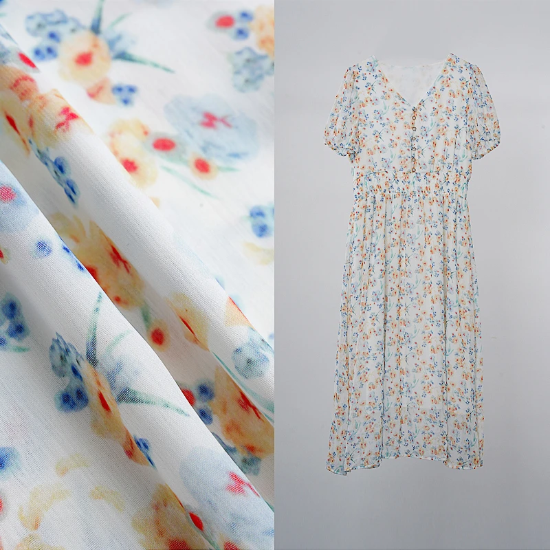 2025新款气质V领泡泡袖短袖碎花收腰显瘦时尚百搭连衣裙