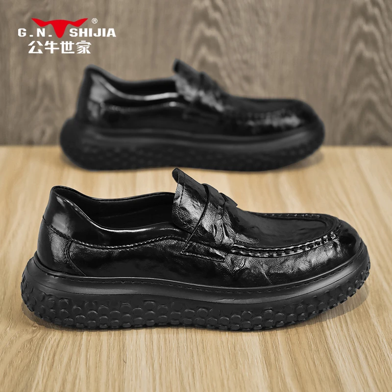 公牛世家秋季男士皮鞋时尚休闲豆豆鞋一脚蹬舒适百搭真皮爸爸鞋