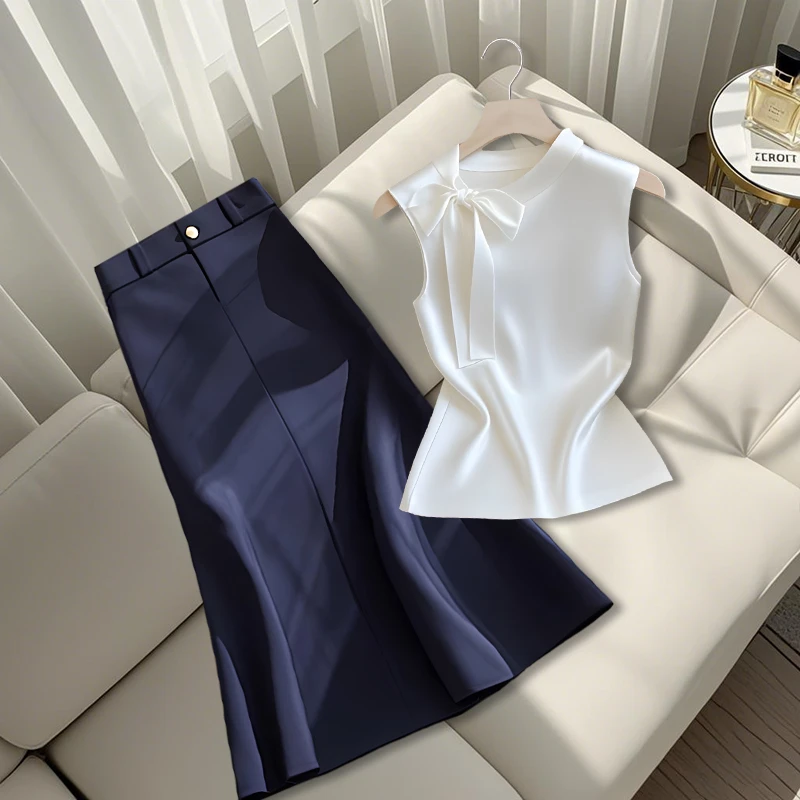2025夏季新款法式chic精致时尚气质蝴蝶结上衣高腰显瘦百搭半身裙