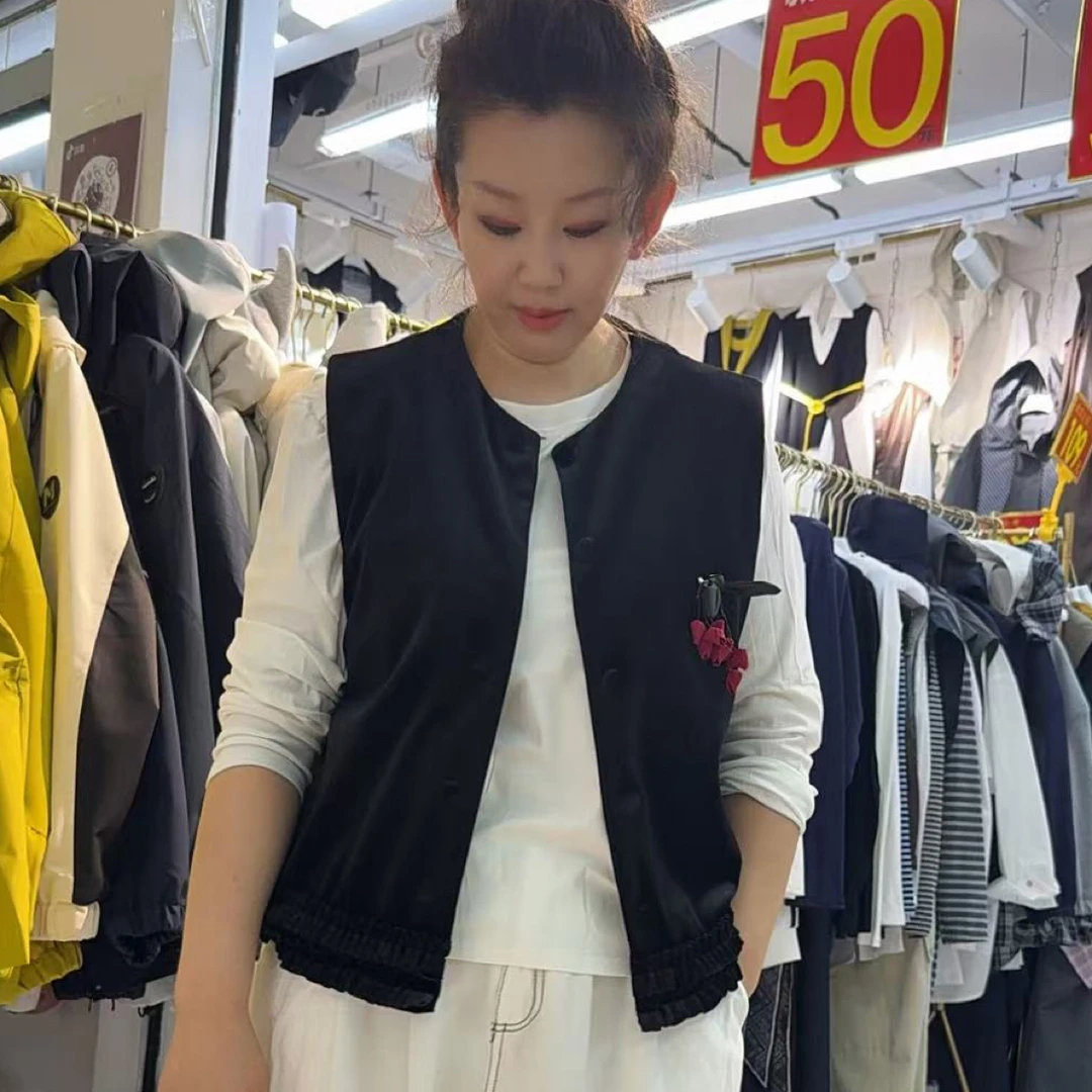 秋季单排扣拼接圆领韩版木耳马夹秋季女装