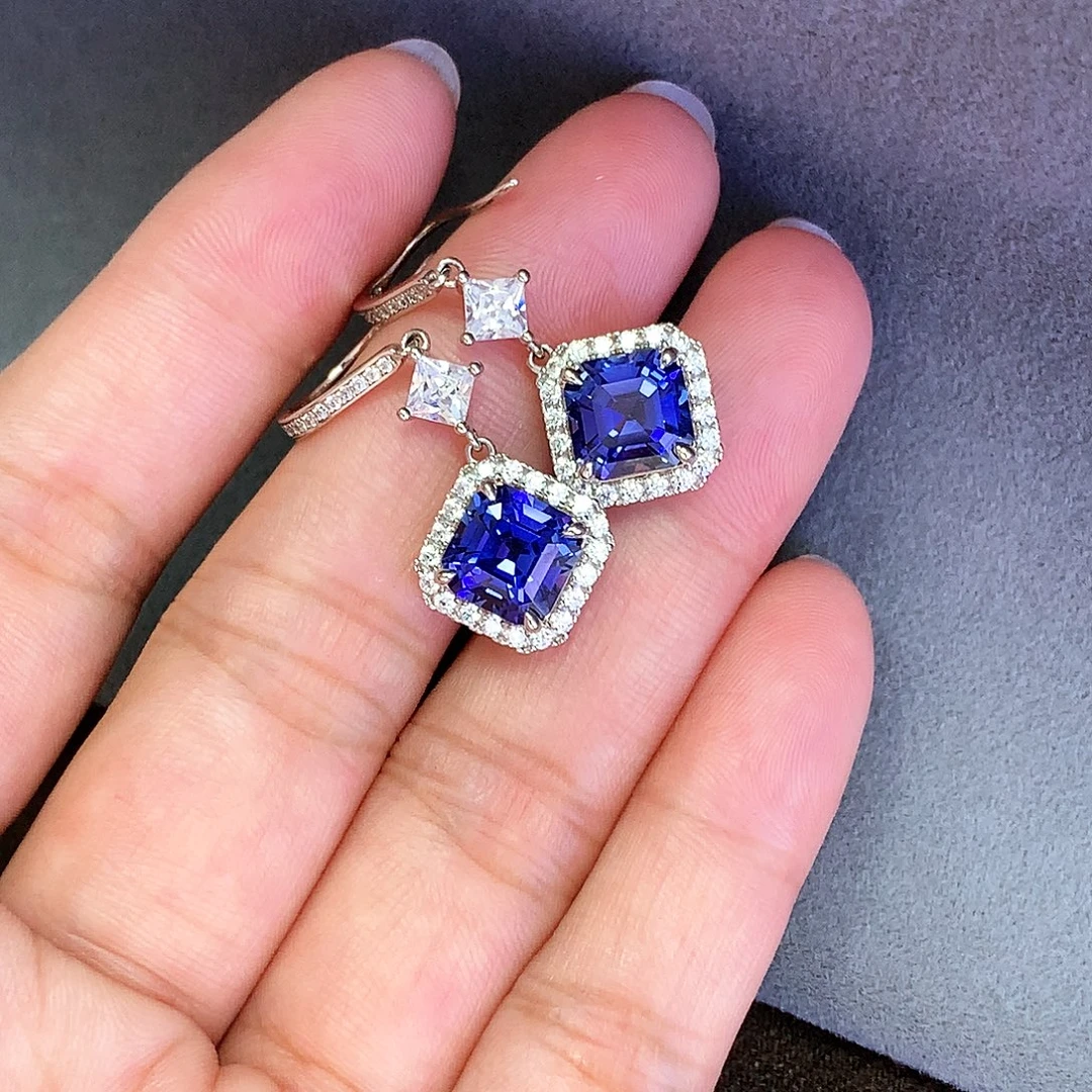 合成（培育）蓝宝石耳饰银S925镶嵌