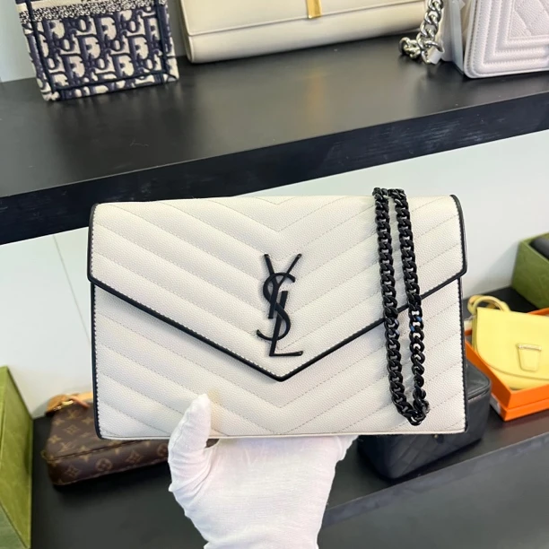 99新 YSL/圣罗兰 白黑鱼子酱信封包