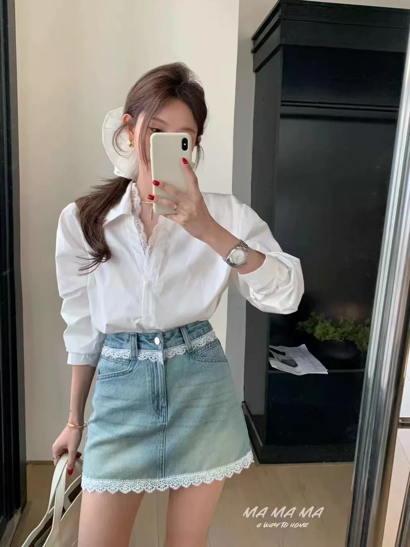 清仓5037-甜美拼蕾丝牛仔半裙