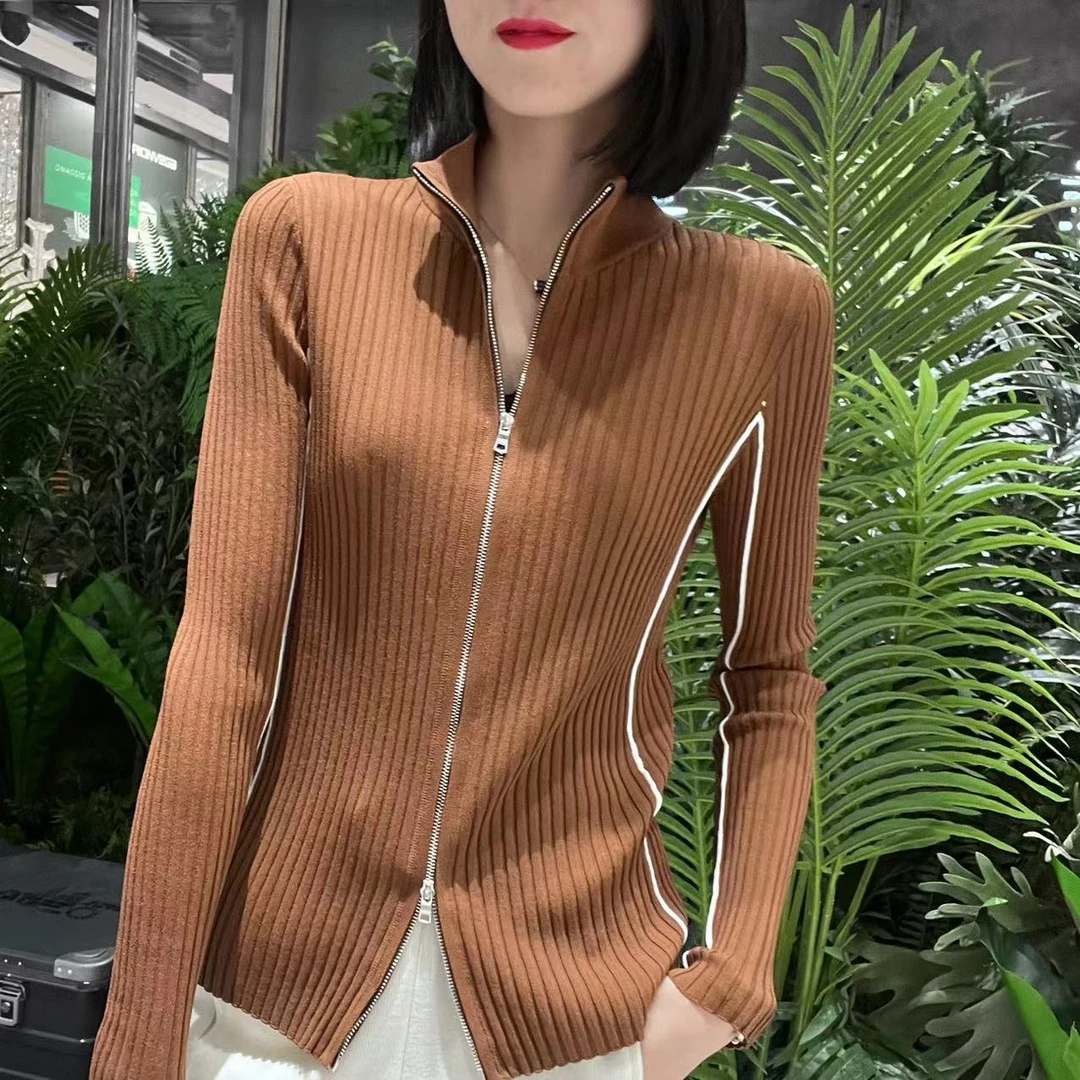 名港MG3007身材三七显瘦双拉链拼条半高领【闪电】针织衫上衣开衫