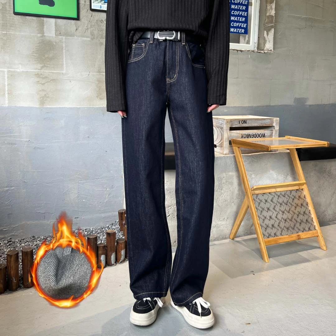 【逸潮】深蓝色牛仔裤男直筒复古美式丹宁休闲长裤潮流百搭裤子-097