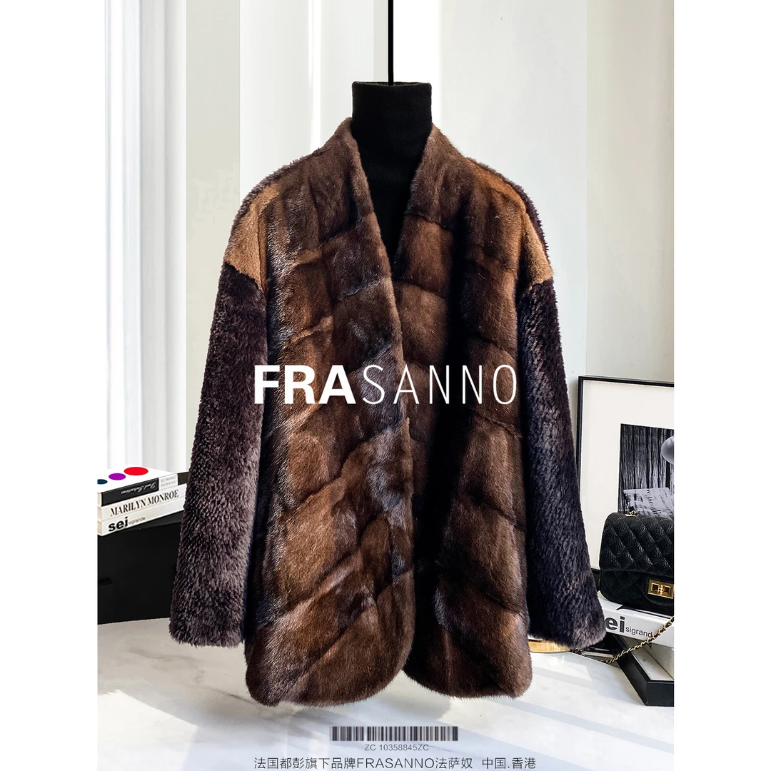 FRASANNO水貂整貂女外套拉贡皮草皮毛一体气质V领显瘦时尚 年轻款