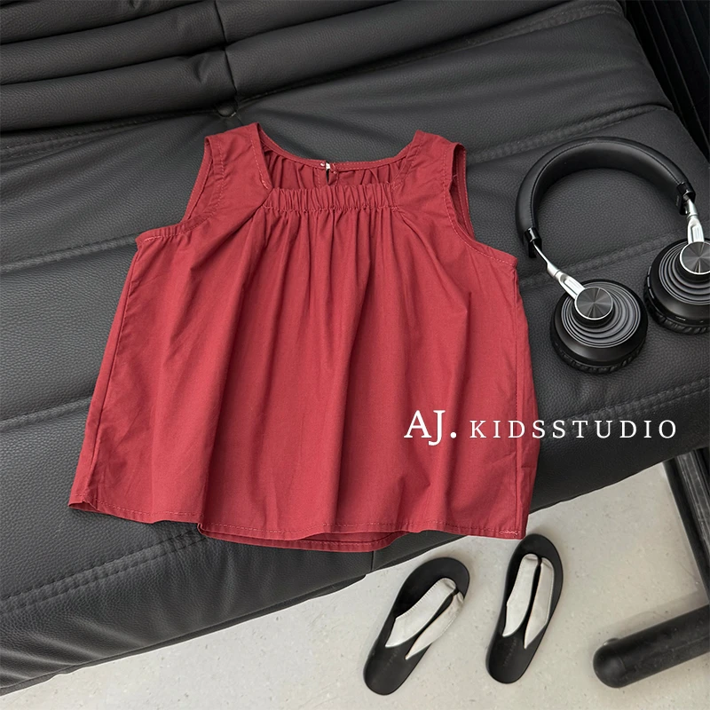 现【赫本小方】阿卷女童韩版纯色简约款无袖衬衫娃娃衫上衣MPG6375