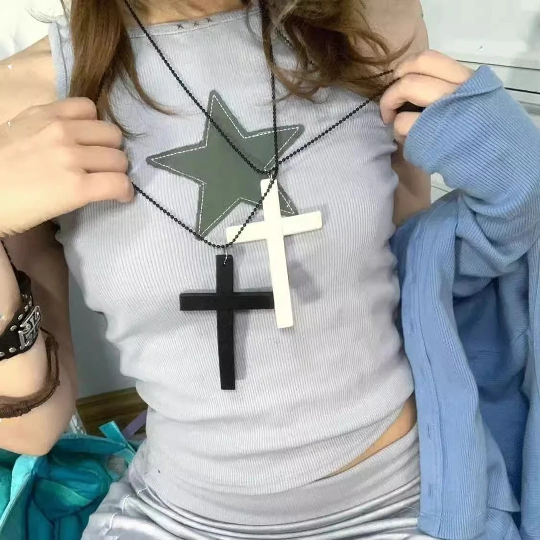 复古暗黑y2k亚文化木质十字架项链万圣节毛衣链男女哥特朋克饰品