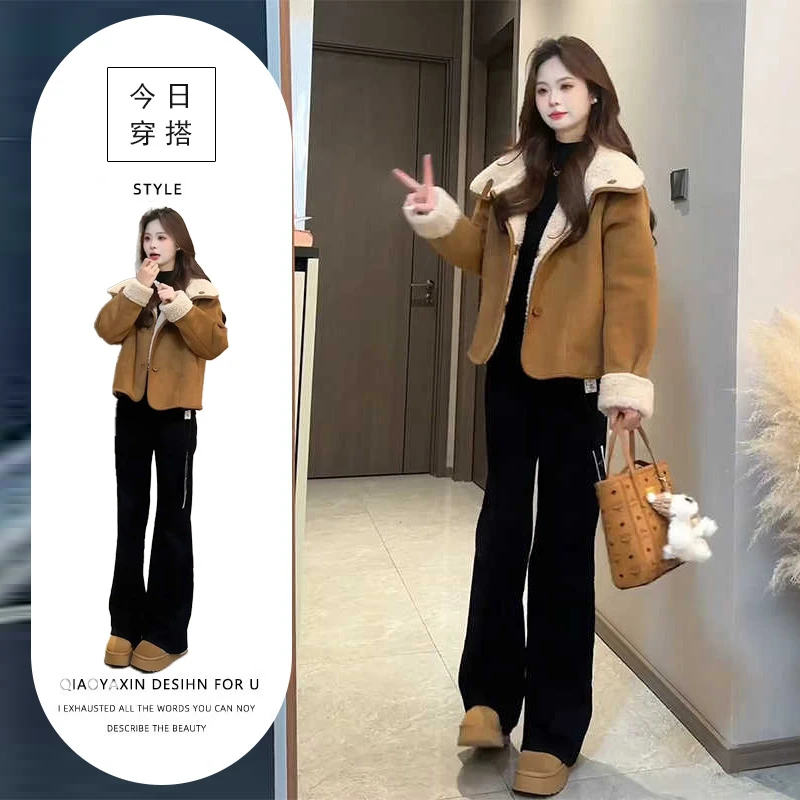 小香风皮毛一体双面穿羊羔毛外套韩系搭配一整套冬装高级感套装裤